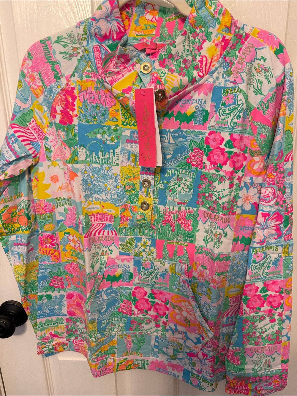 Lilly Pulitzer Multicolor Patchwork Pullover - Pink, Aqua, Yellow, Green